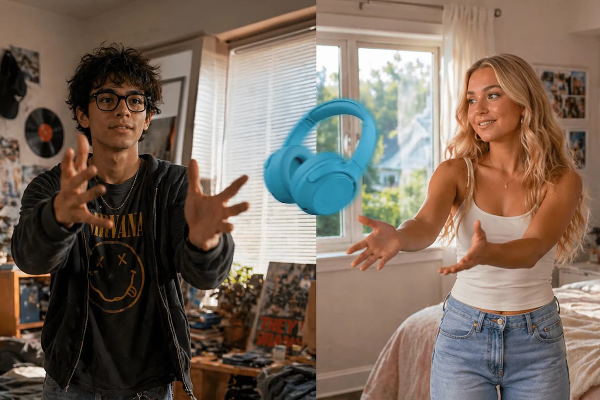 Two students in their bedrooms tossing a pair of headphones to each other